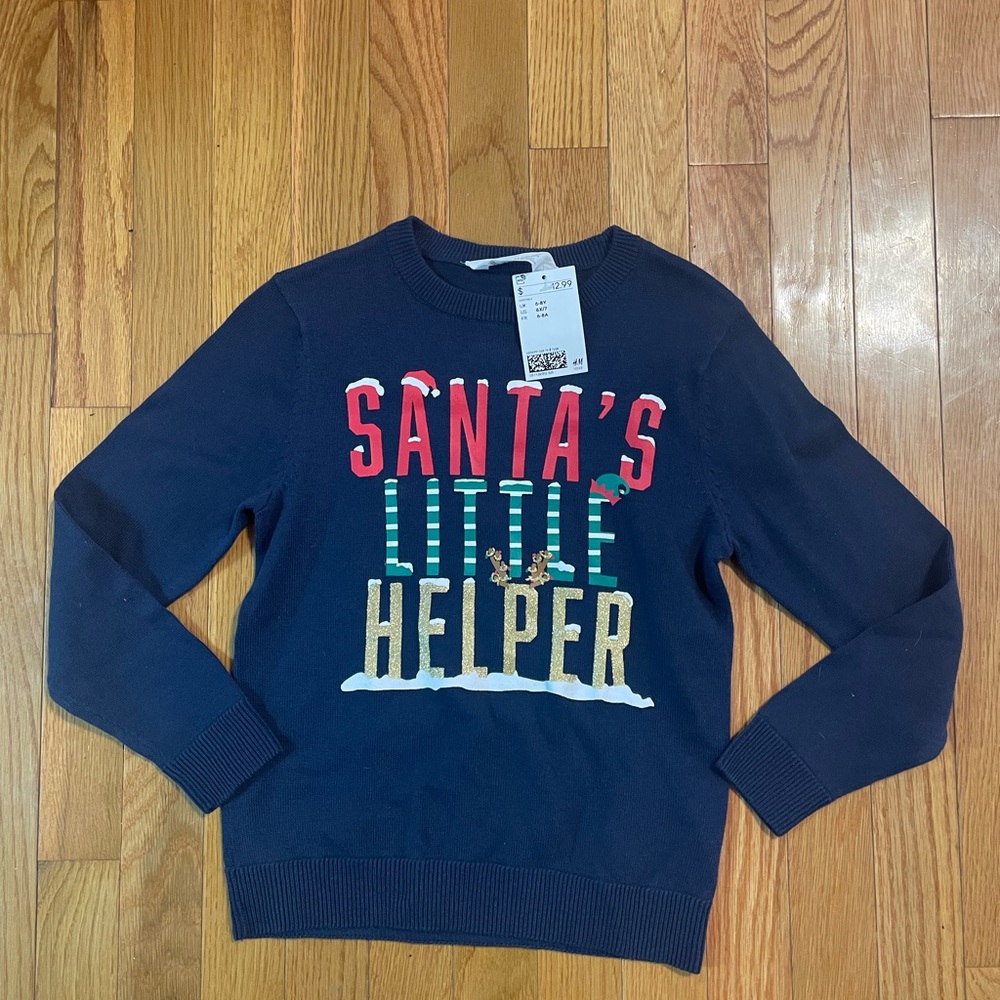H&M Festive Navy Sweater‎ with Santa's Little Helper Design kids 6-8